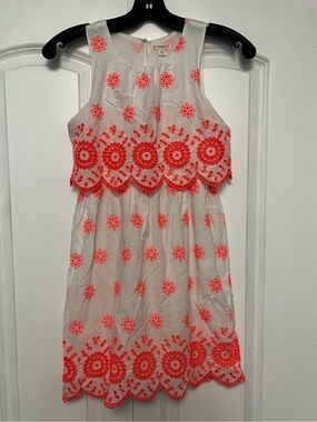 J Crew Girls White Dress with Neon Coral  detail